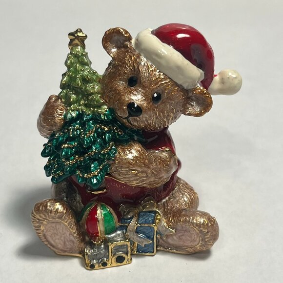 Collectable Teddy with Christmas Tree and Presents Trinket Box Enamel Magnetic - Picture 1 of 9